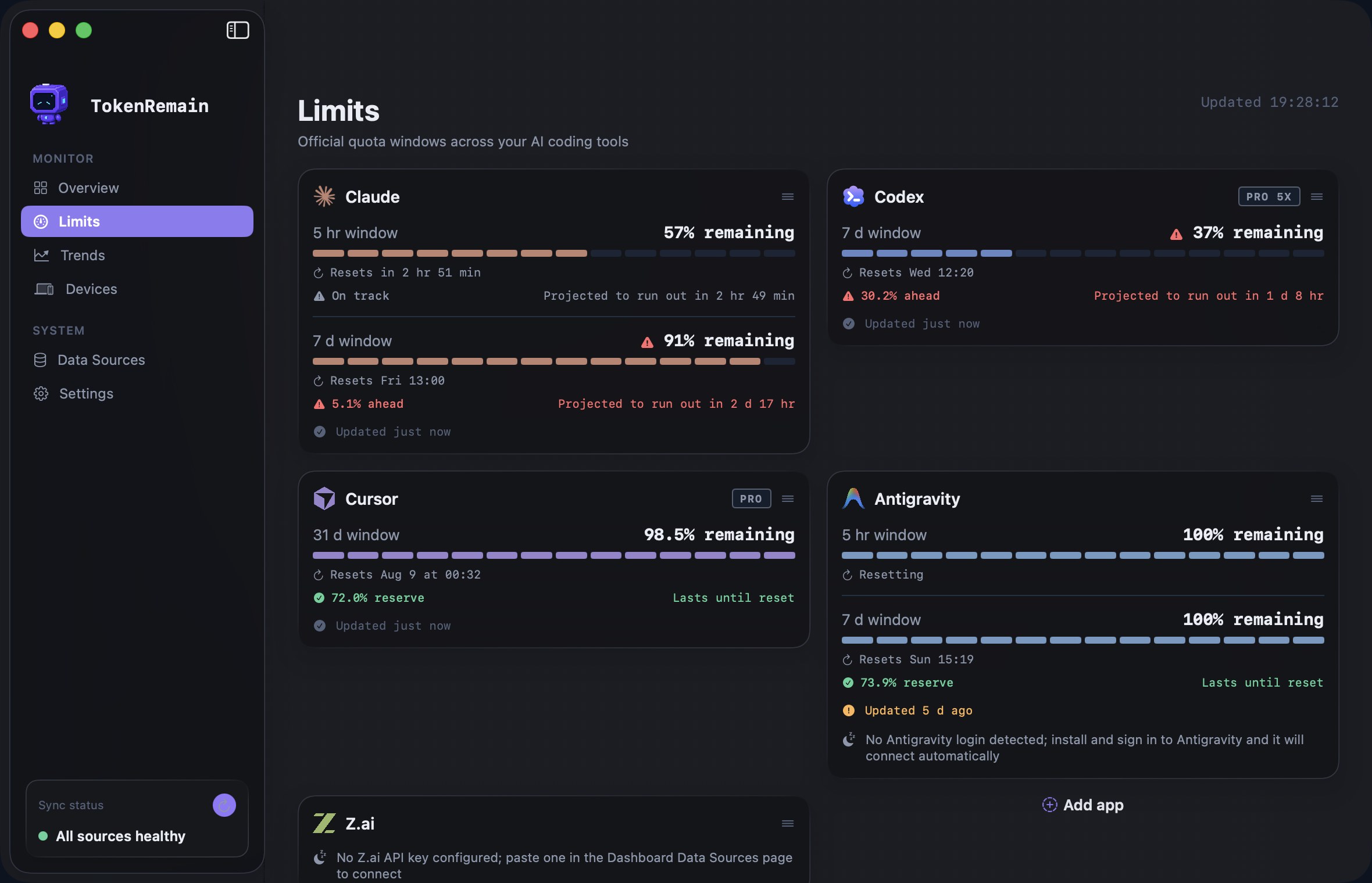 TokenRemain Dashboard limits page: per-provider official quota windows with segment bars, reset countdowns and pace warnings