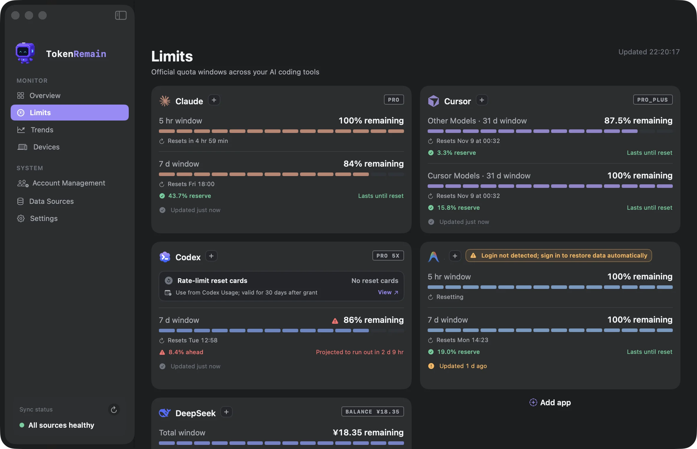TokenRemain Dashboard limits page: per-provider official quota windows with segment bars, reset countdowns and pace reserve