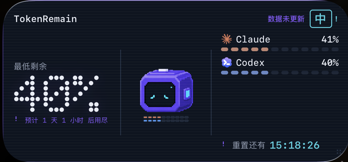 TokenRemain medium Home Screen widget: lowest remaining 40% in pixel LED, robot mascot, Claude and Codex bars, reset countdown